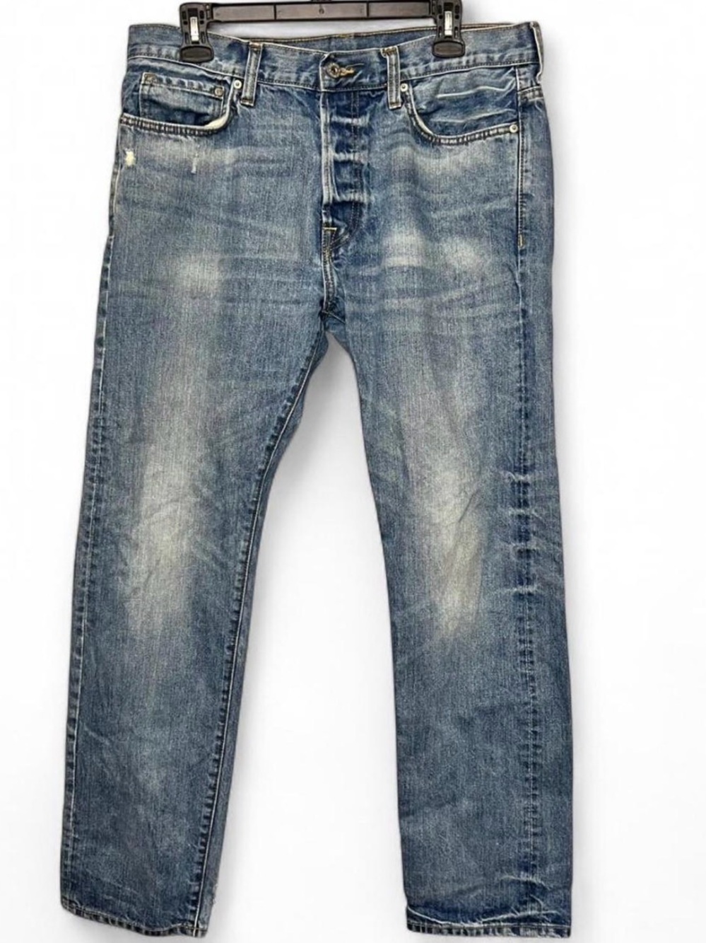 H&M Men's Distressed Washed Blue Straight Jeans - 4 Button Fly